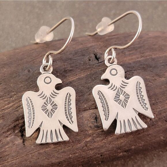 Sterling Navajo Thunderbird Dangle Drop Earrings - Picture 1 of 6